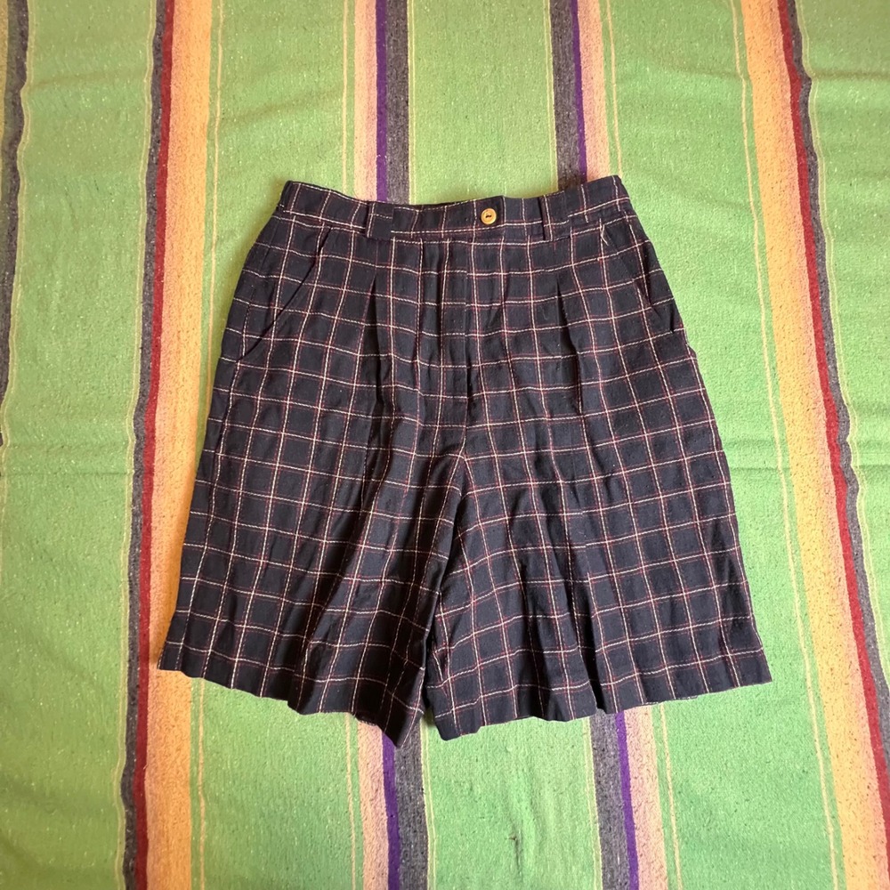 Lily's of Beverly Hills Plaid Shorts Womens 12 Navy Blue High Waist Pleated 90s